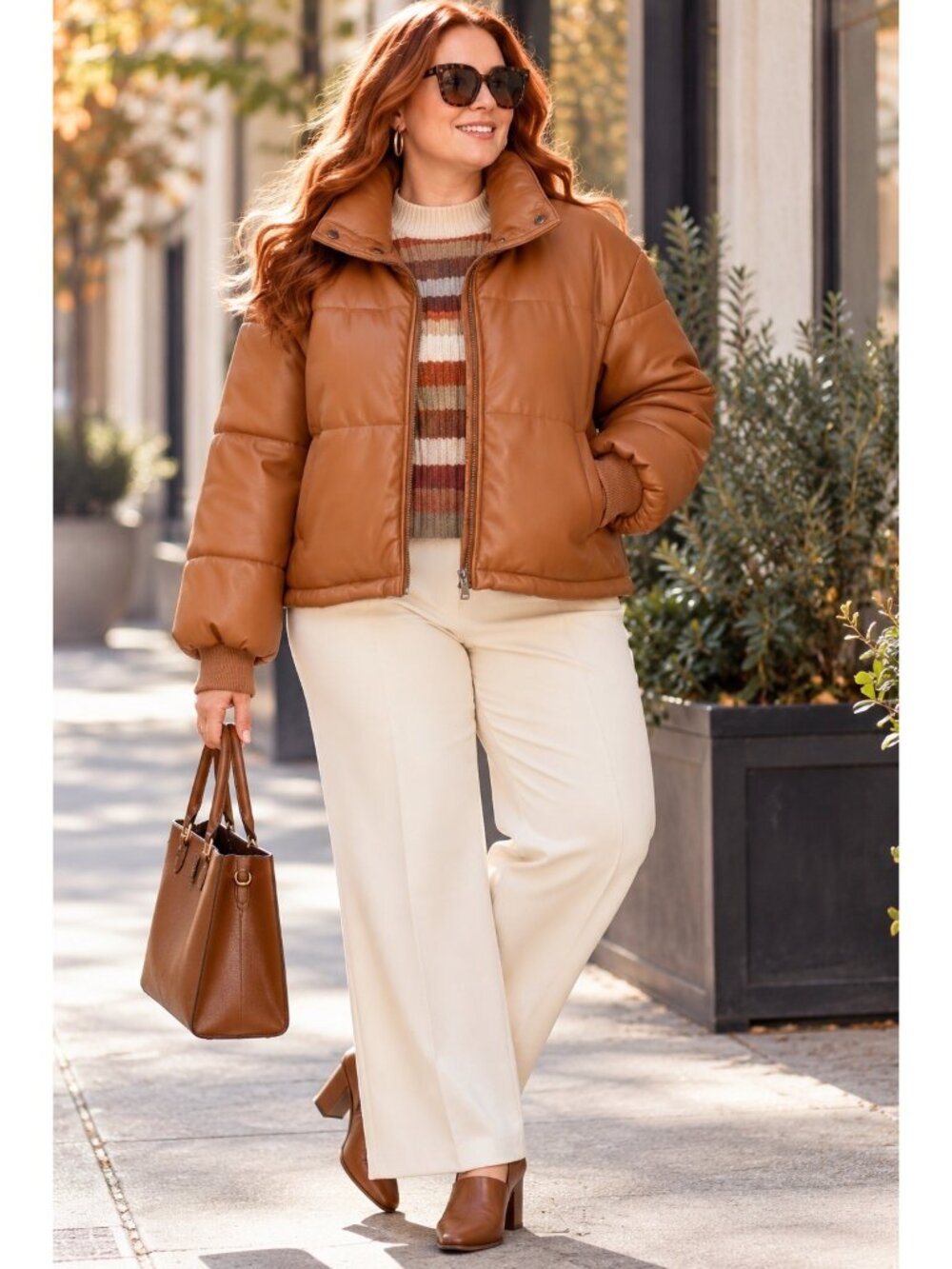 Anthropologie High Neck Faux Leather Puffer Jacket XL Cognac Brown Bomber EUC